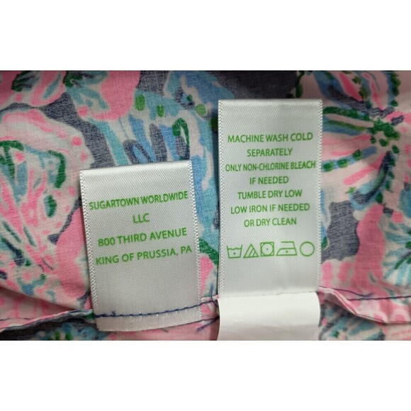 Lilly Pulitzer Shirt Top Small Split Neck Popover Pink Print Smocked Cuff Linen - Picture 8 of 8